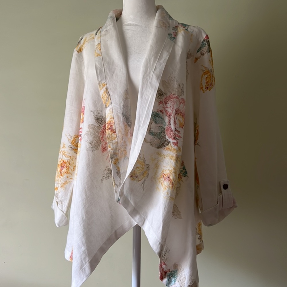 Chico’s Women Sz 2 Open Front Cardigan Linen Tunic Pastel Roses Flowers Floral - Picture 5 of 6